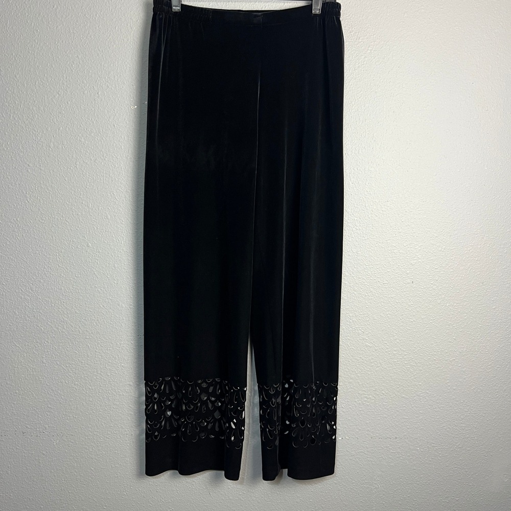 KM Collections Milla‎ Bell Velvet Pants Wide Leg Laser Cutout Hem Black Size PM